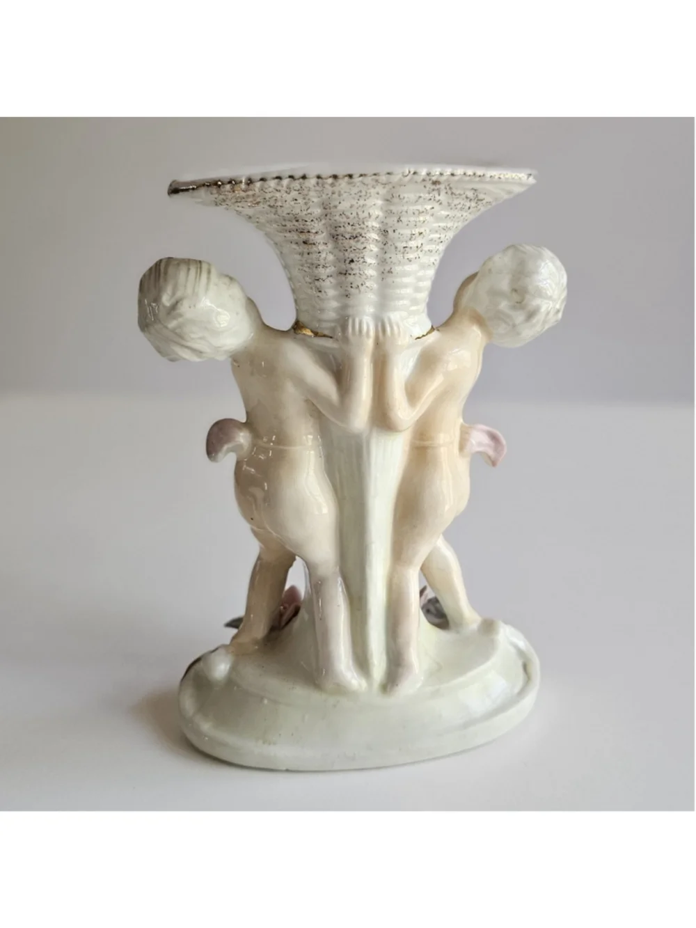 Porcelain Double Cherub Figural Vase Basketweave Grapes & Rose Gilt 6.25